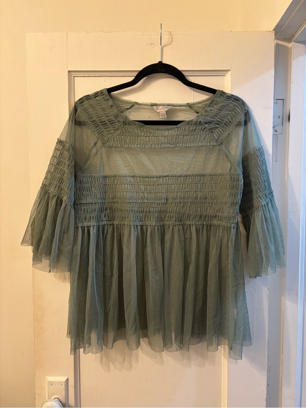 belle sky Sage Green sheer Peasant Blouse